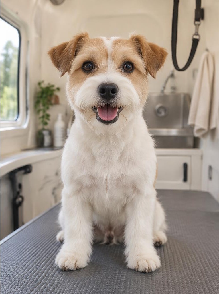 Terrier after grooming, looking freshly washed