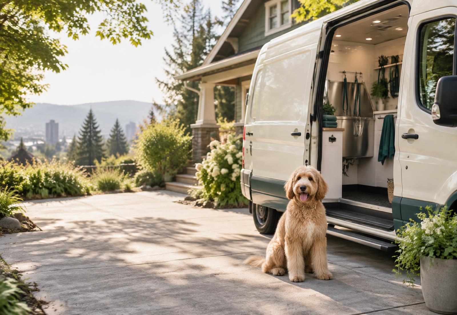 A freshly groomed dog sitting beside Maya's mobile grooming van in a Portland driveway