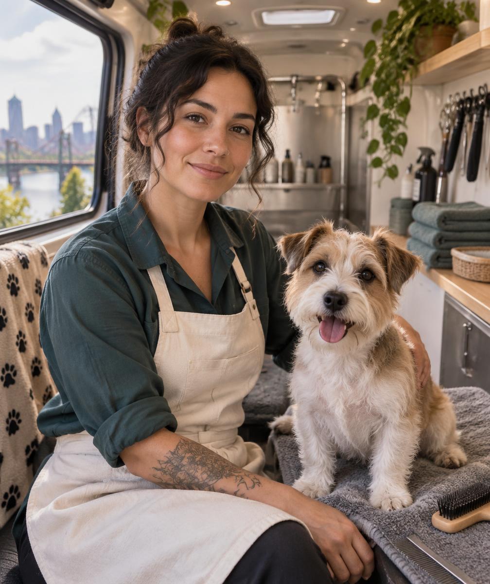 Maya with a happy terrier inside her grooming van